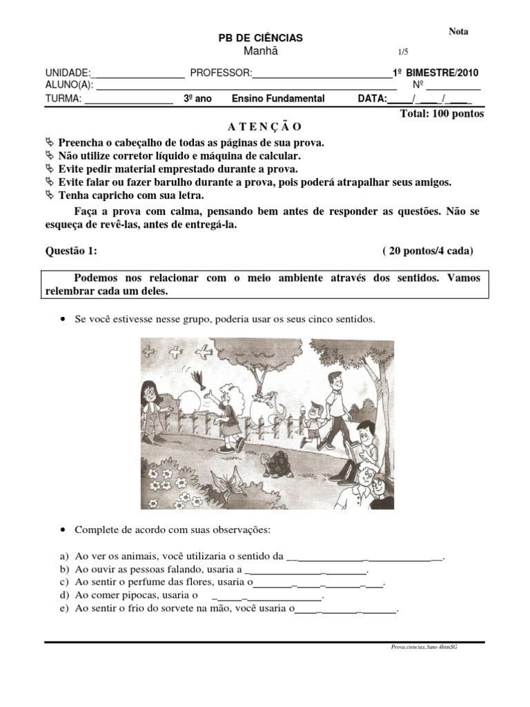 Prova Pb Ciencias 3ano Manha 1bim Osso Orelha