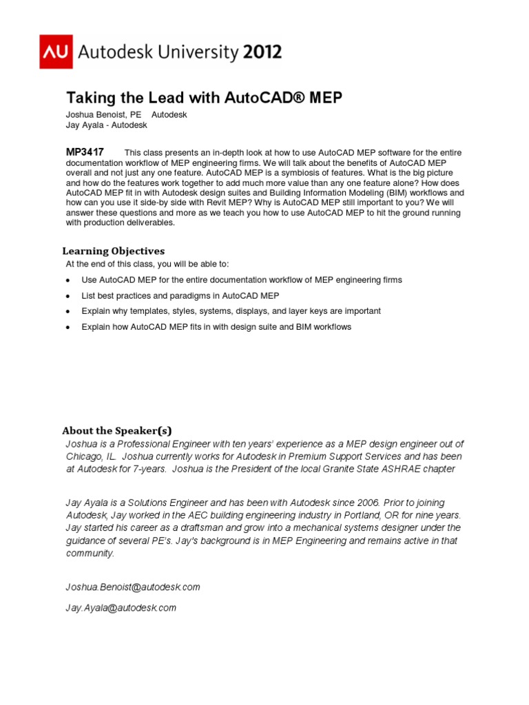 Taking The Lead With Autocad Mep PDF Autodesk Revit Auto Cad