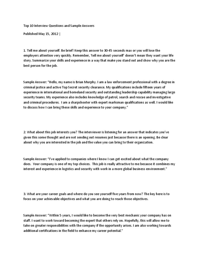 Top 10 Interview Questions and Sample Answers | PDF | Employment | Job ...