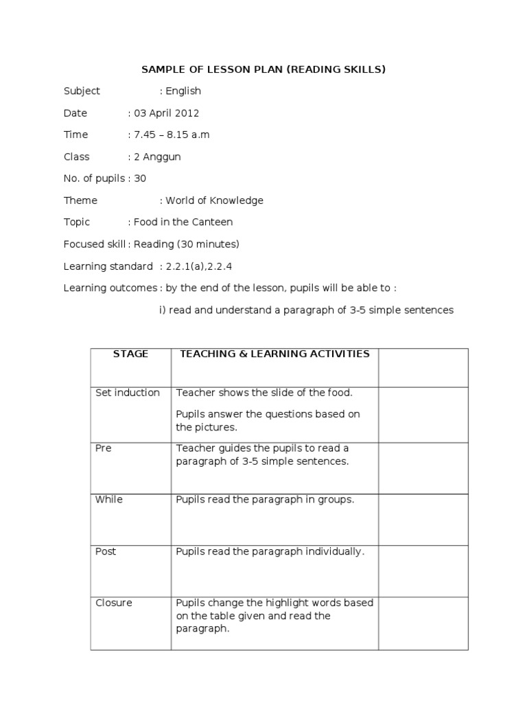 Reading Skills Lesson Plan Sample | PDF | Language Arts & Discipline ...