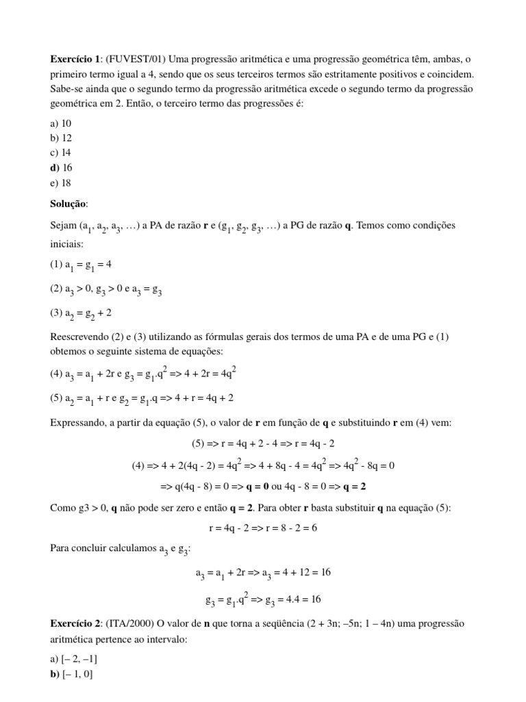 Exercícios Resolvidos de PA e PG | PDF | Equações | Analise matemática