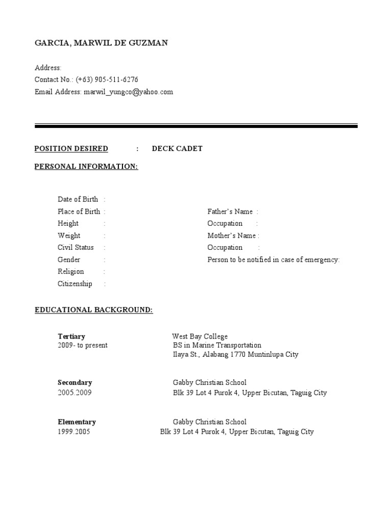 Resume For Deck Cadet Pdf