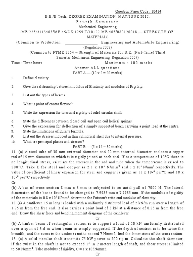 Strength of Materials University Question Paper PDF Stress