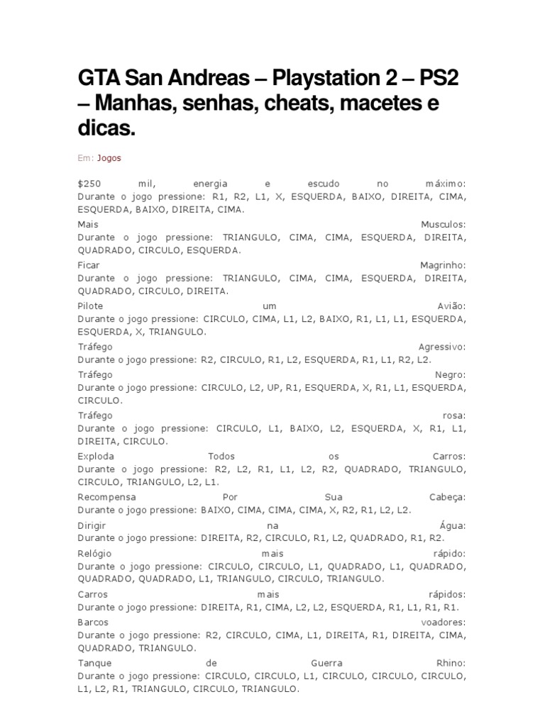 Gta San Andreas ps2 Todos Os Codigos Truques Senhas Esquemas e Manhas  Maismacetes PDF, PDF, Computação e Tecnologia da Informação