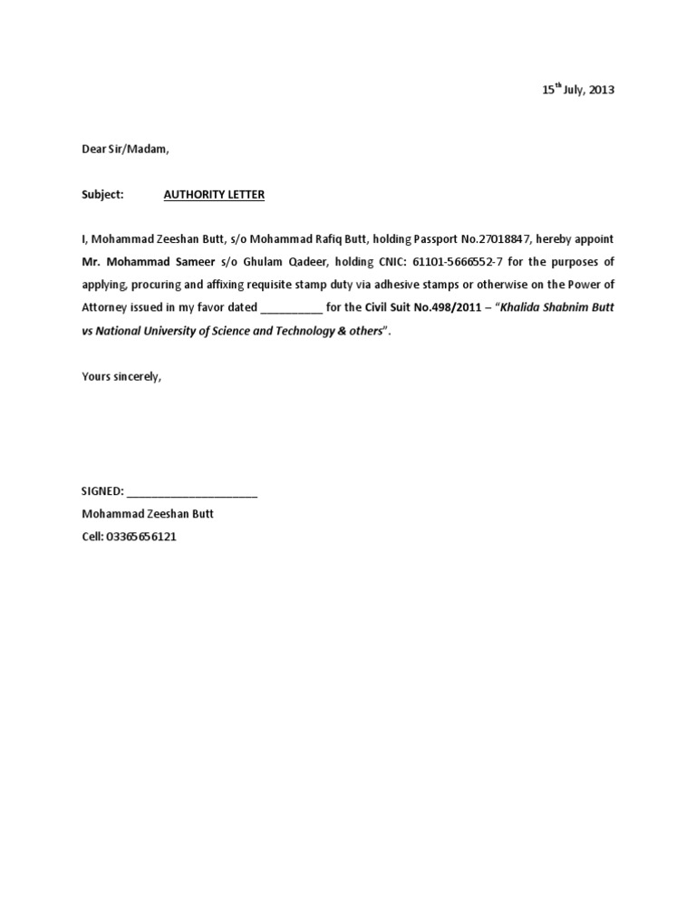 Authority Letter for Power of Attorney | PDF
