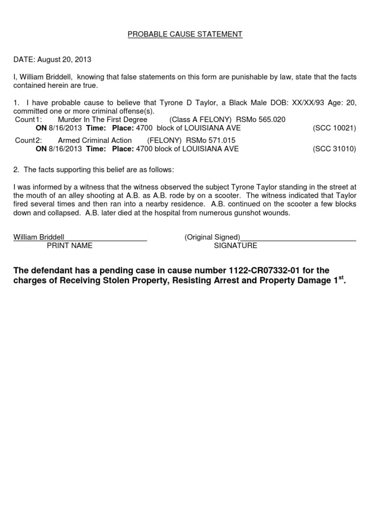 Probable Cause Statement for Murder Charge | PDF