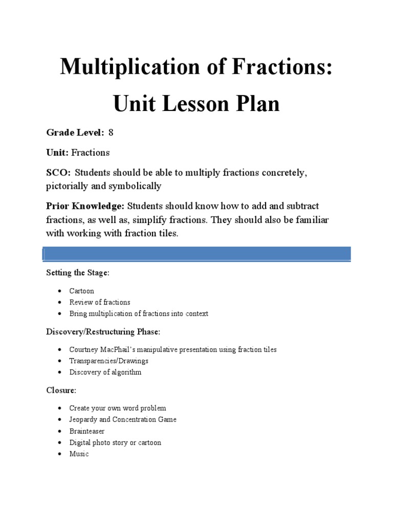8th Grade Multiplication of Fractions Plan | PDF | Fraction ...
