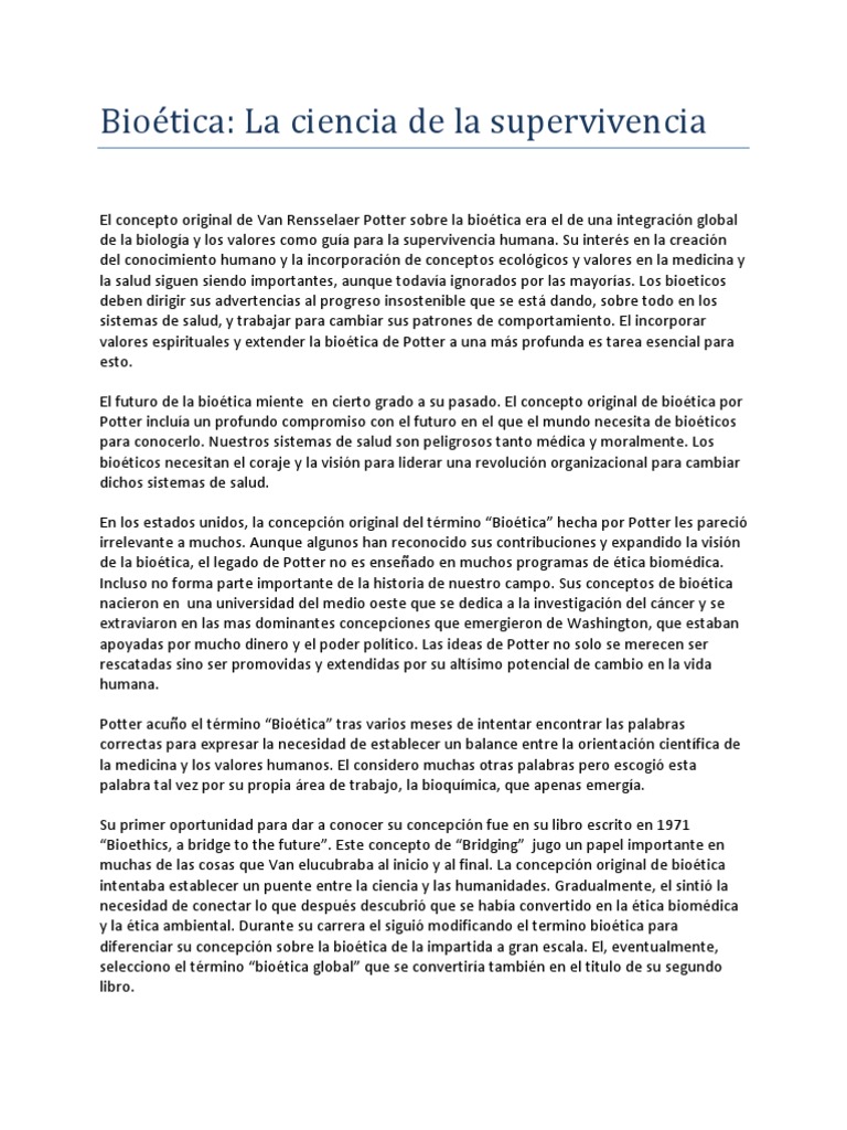 El Concepto Original de Van Rensselaer Potter Sobre La Bioética Era El