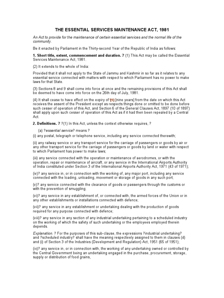 Essential Services Maintenance Act, 1981 | PDF | Criminal Justice ...