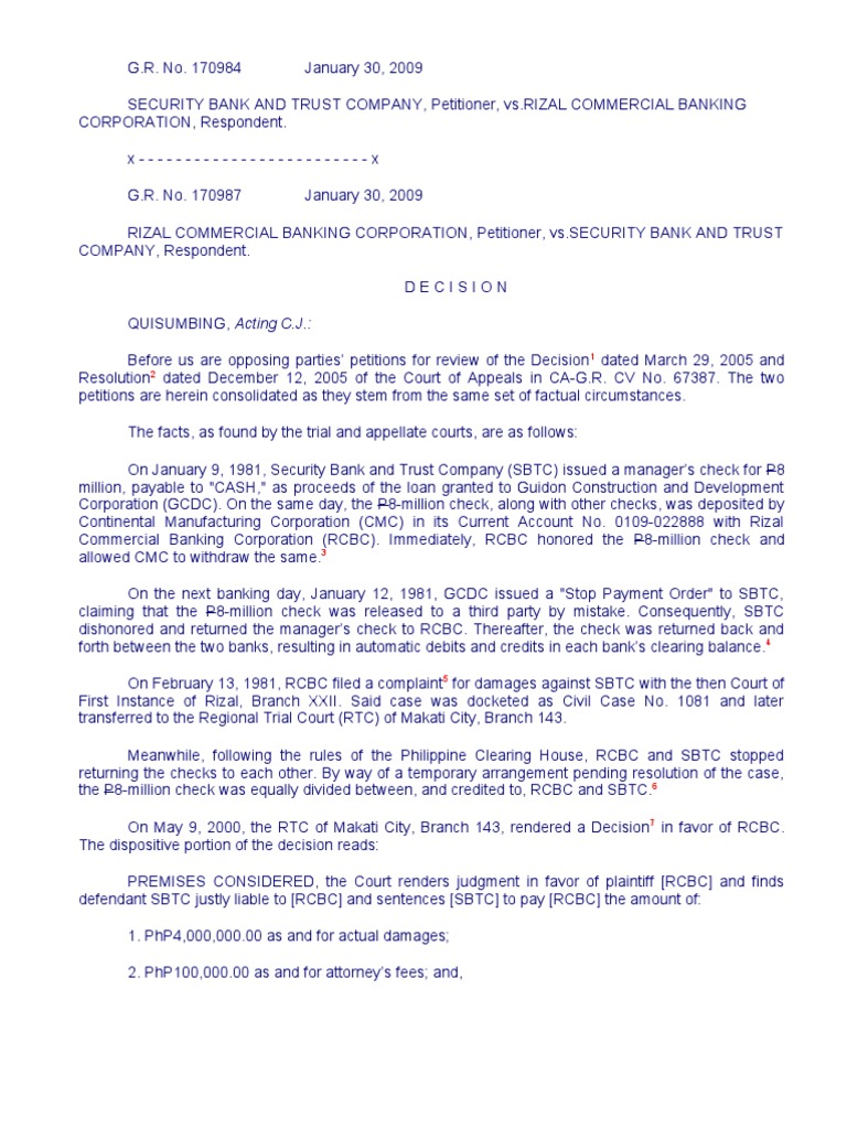 Banking Security V RCBC | PDF | Cheque | Damages