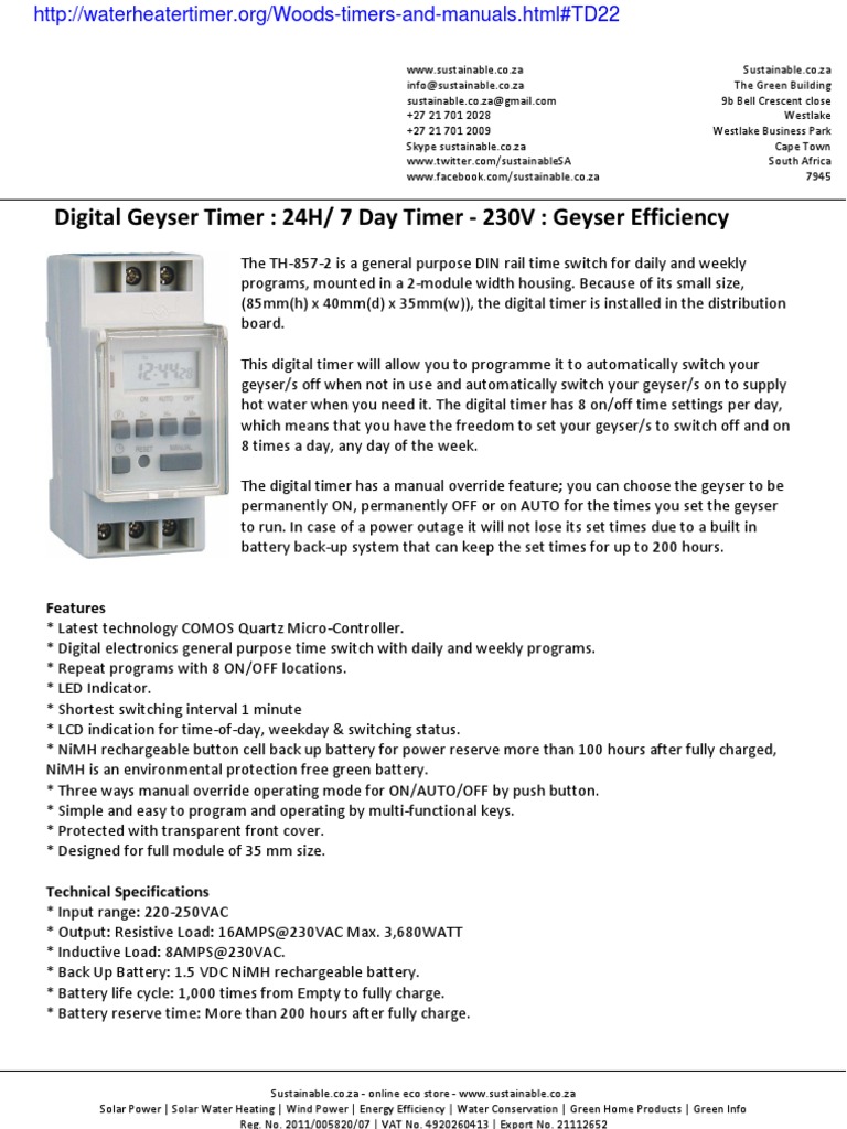 Digital Geyser Timer 24H 7 Day Timer 230V Brochure Timer Battery
