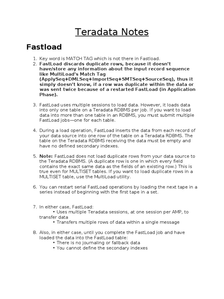 Teradata Fastload and Multiload Notes PDF Database Index Table