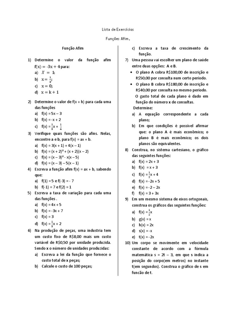 Lista de Exercícios Função Afim e Quadrática | PDF | Função (Matemática ...