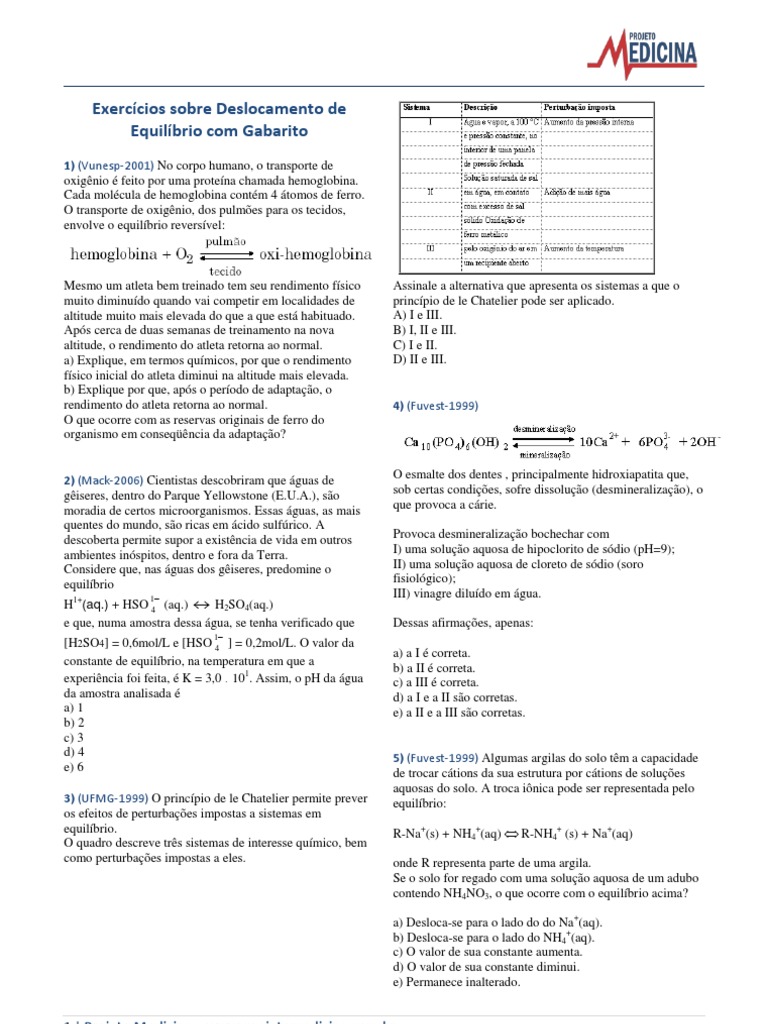 Deslocamento de Equilibrio Quimica Exercicios Gabarito | PDF ...