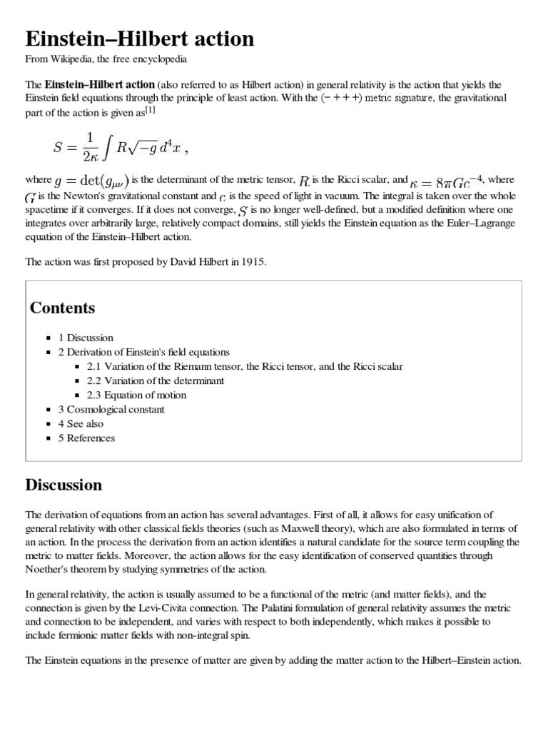 EinsteinHilbert action Equations Theoretical Physics