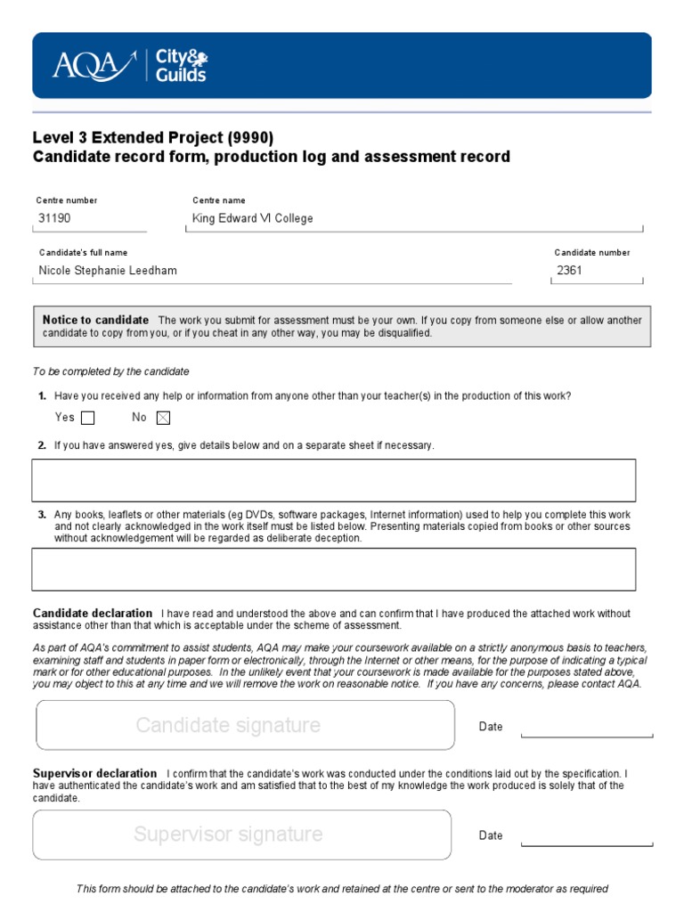 Extended Project Assessment Record 9990 | PDF | Gce Advanced Level ...