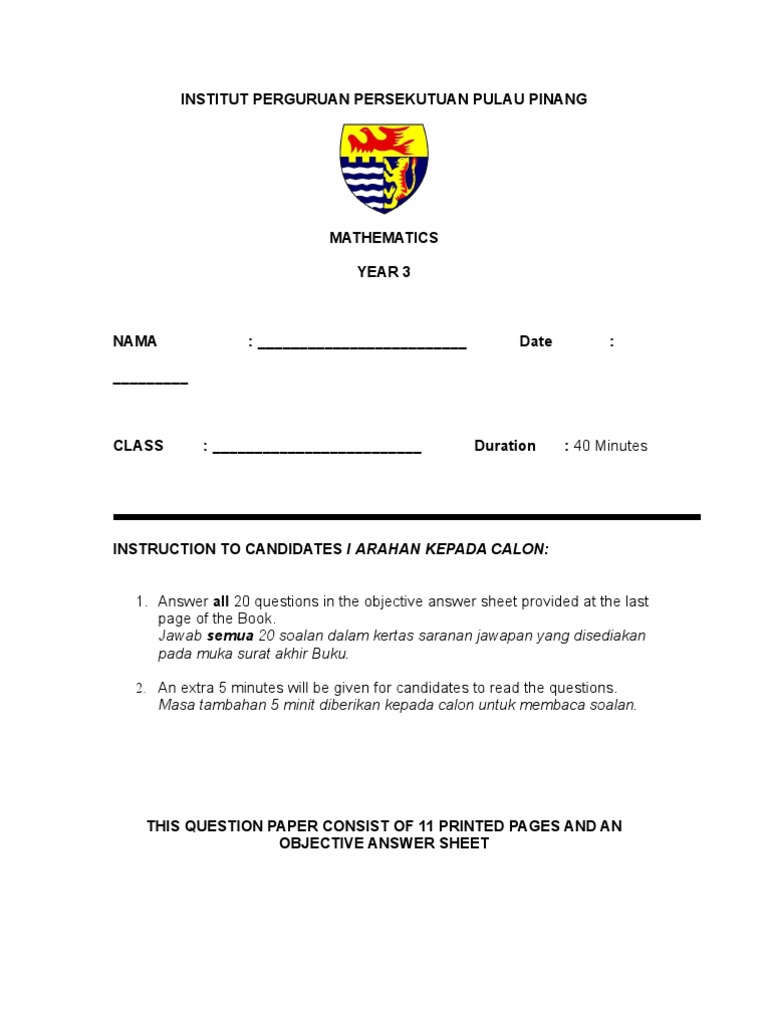 Answer All 20 Questions in The Objective Answer Sheet Provided at The ...