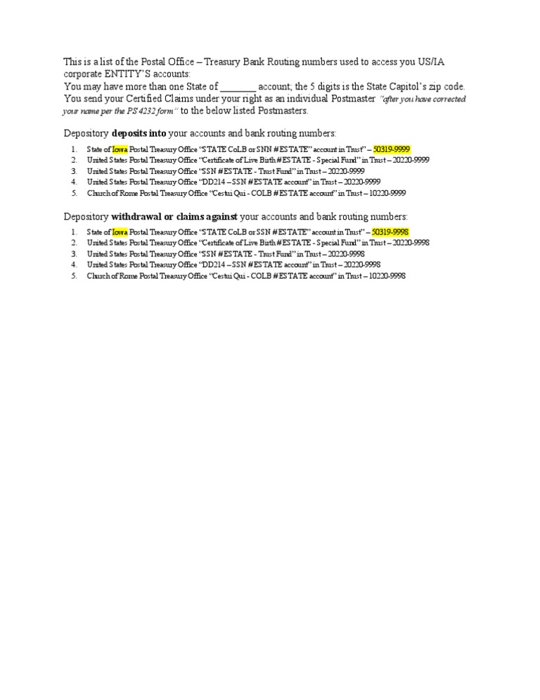 Postal Treasury Bank Routing Numbers | PDF
