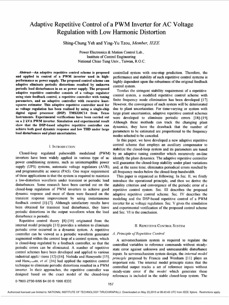 Adaptive Repetitive Control of A PWM Inverter For AC Voltage | PDF