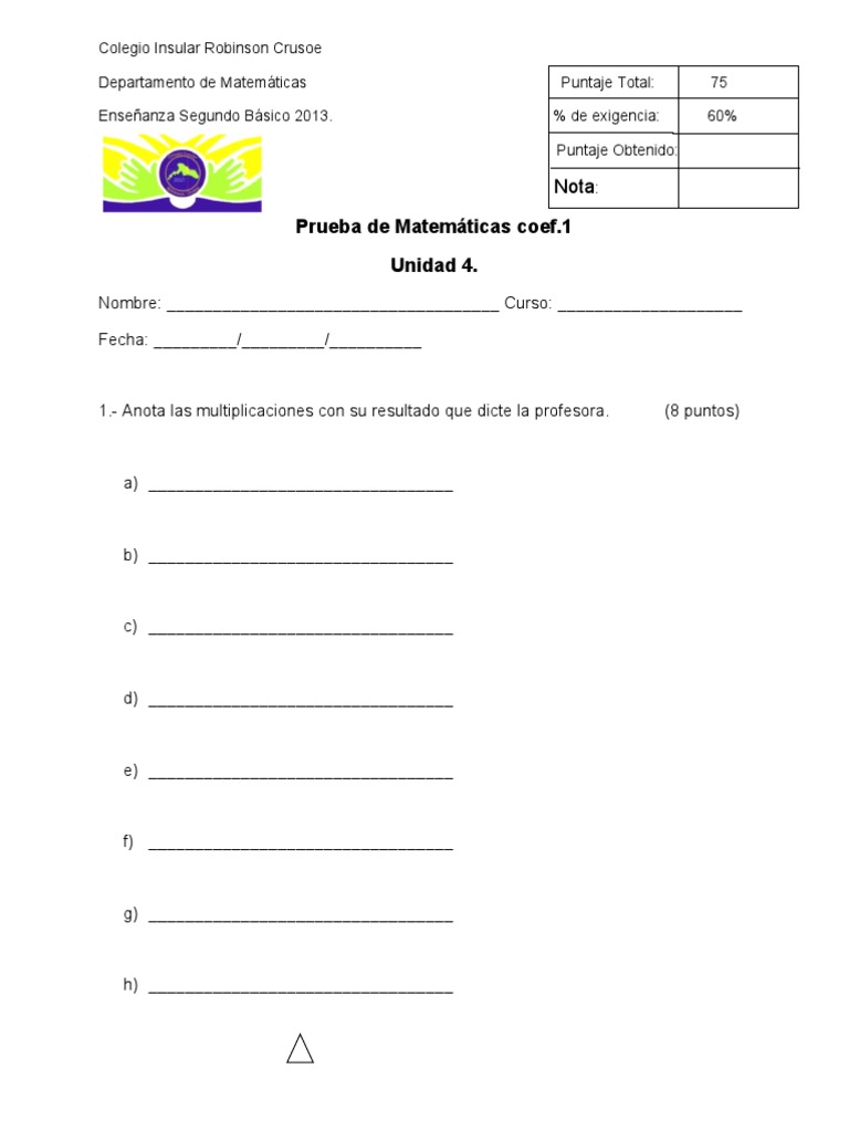 Prueba Matemática Unidad 4 Multiplicaciones | PDF