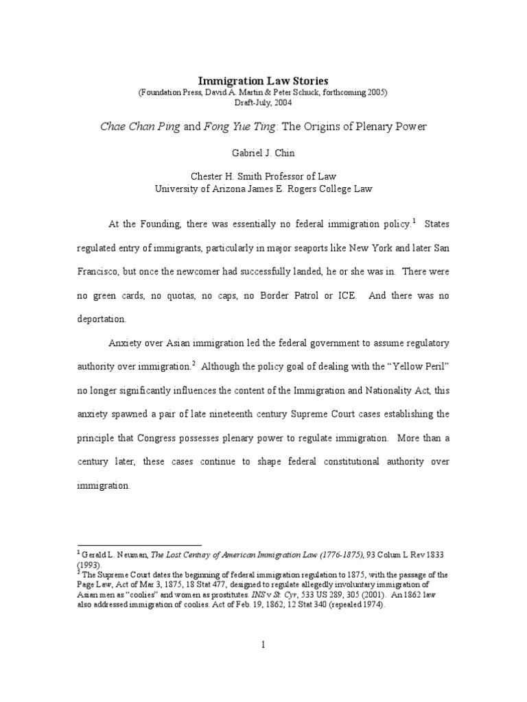 Chae Chan Ping and Fong Yue Ting The Origins of Plenary Power David