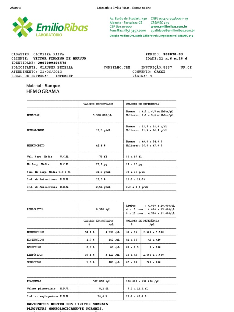 Laboratório Emílio Ribas - Exame on-line | Hematology | Tissue (Biology)
