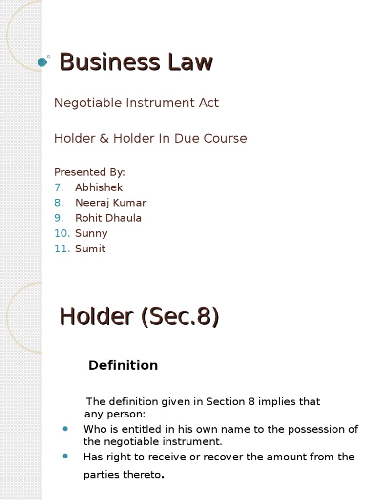 Holder And Holder In Due Course Pdf Negotiable Instrument Private Law