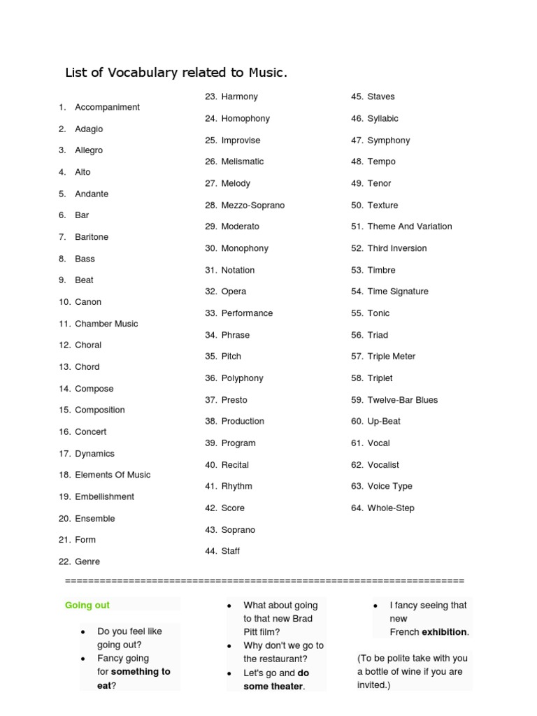 List of Vocabulary Related To Music | PDF | Tempo | Sound