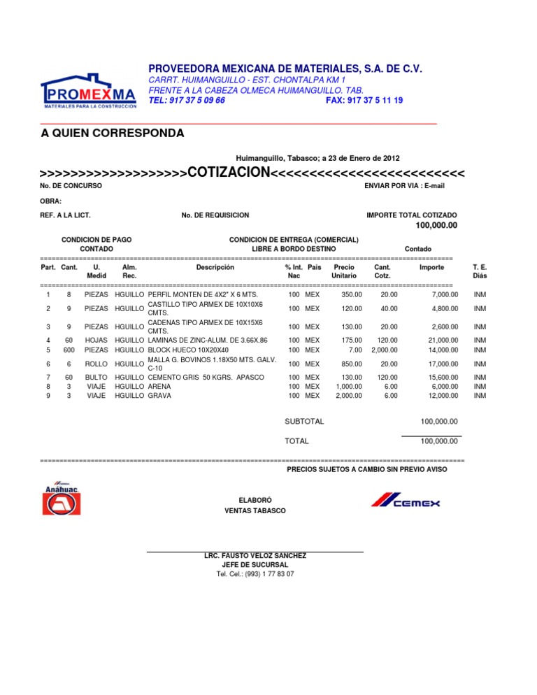 Cotizacion Construrama 100 Mil