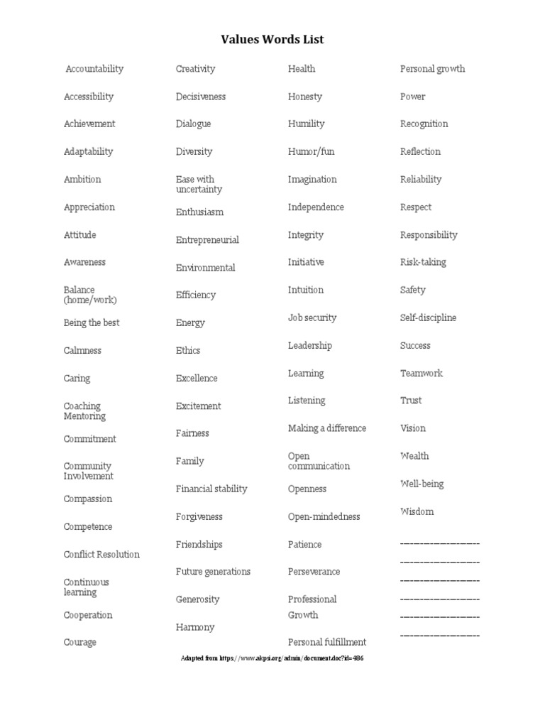 Values Words List | PDF