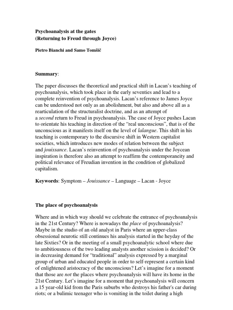 Pietro bianchi and tom sic, 'psychoanalysis at the gates' | pdf