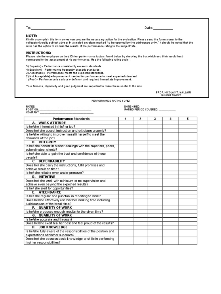 Performance Rating Form | Applied Psychology | Learning