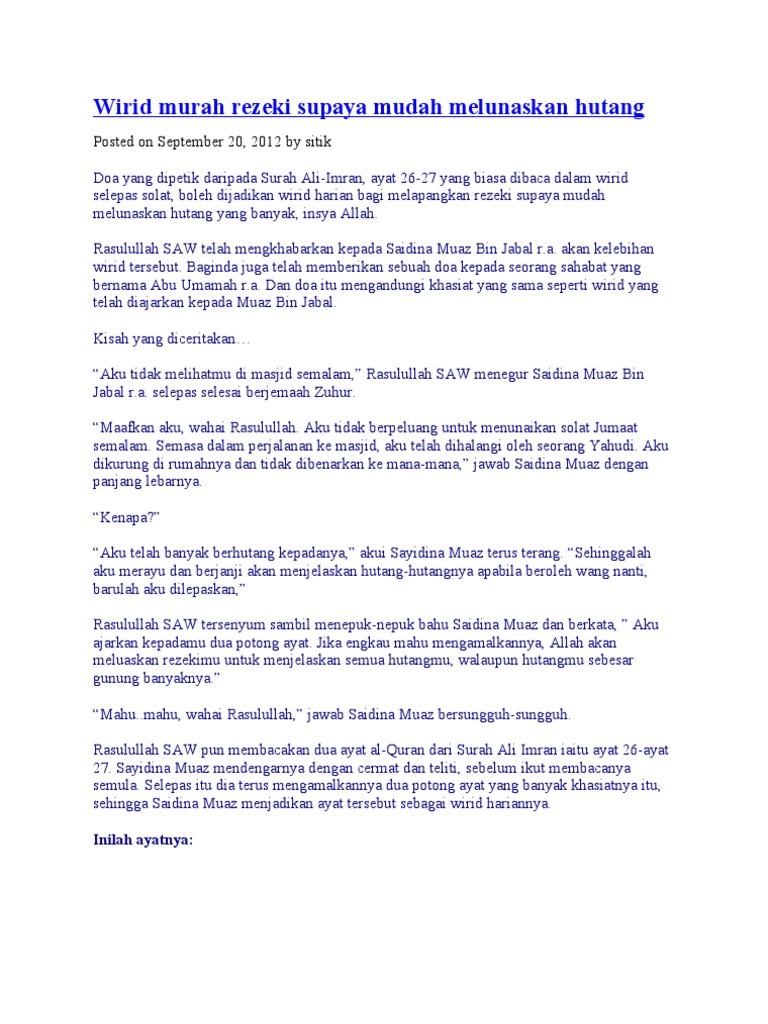 Wirid Murah Rezeki Supaya Mudah Melunaskan