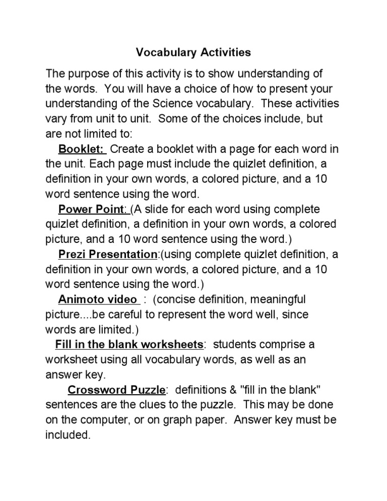 Vocabulary Activities 1 | PDF | Linguistics | Cognition
