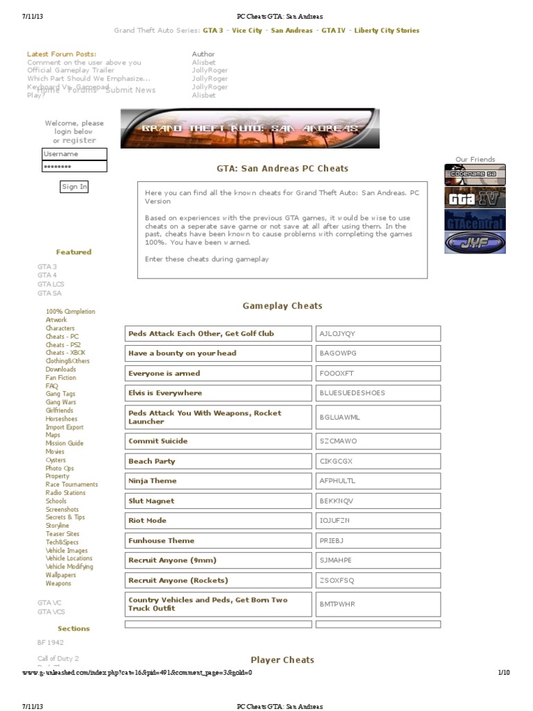 PC Cheats GTA - San Andreas | PDF | Video Games | Leisure