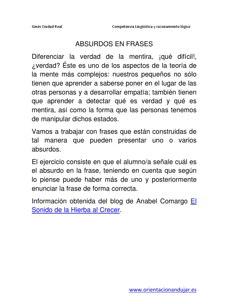 Hojas De Trabajo Sobre Absurdos Verbales Mar Mayor: Razonamiento