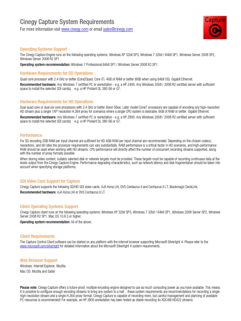 Cinegy Capture System Requirements Pdf Streaming Media Microsoft