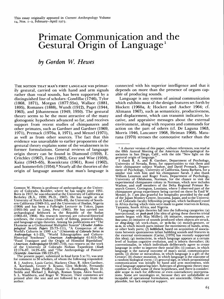Hewes Primate Communication And The Gestural Origin Of Language PDF 