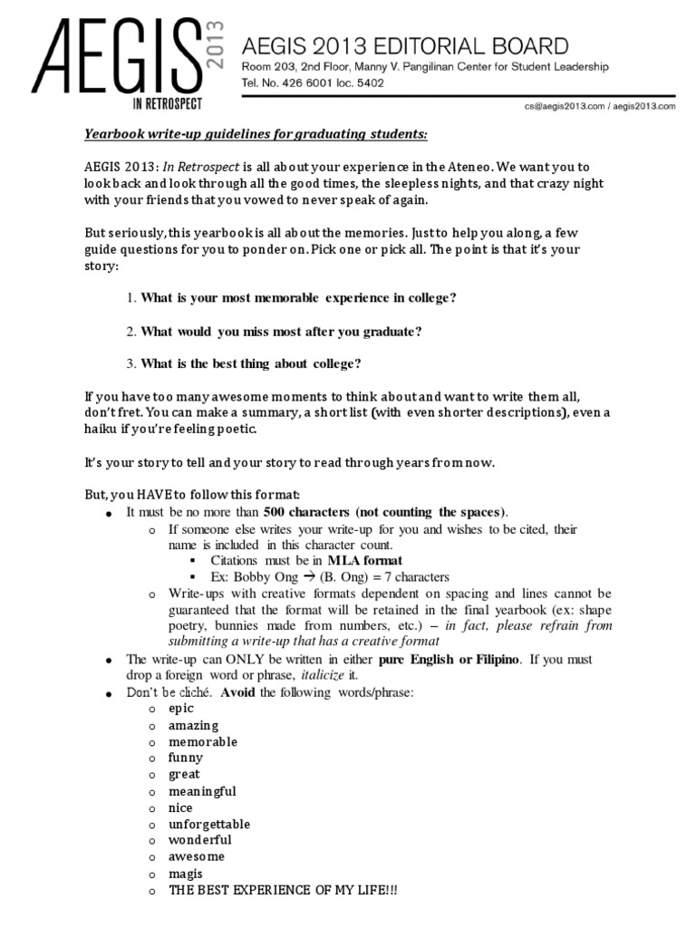 Yearbook WriteUp Guidelines For Graduating Students Submitting A