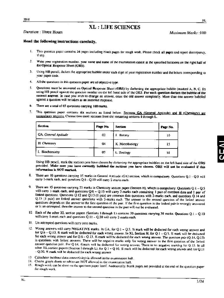 GATE Life Sciences Question Paper 2010