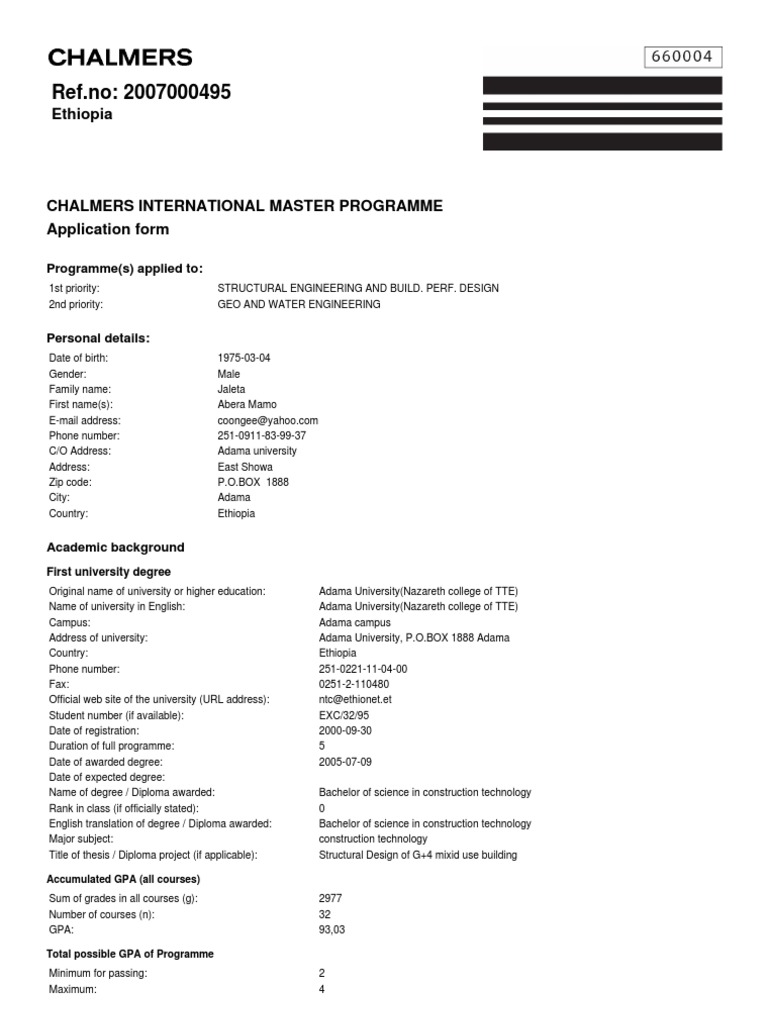 Chalmers Master's Application Form | PDF | Diploma | Academic Degree