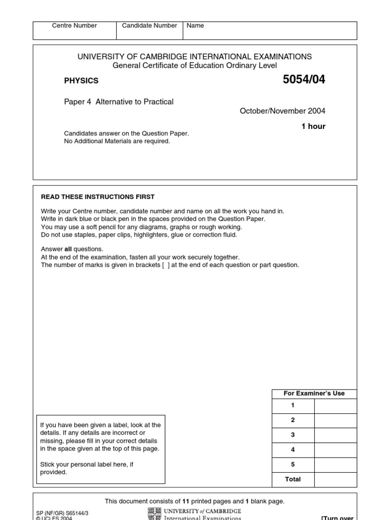 Paper 4 Nov 2004 Physics | PDF | Lens (Optics) | Electromagnetic Radiation