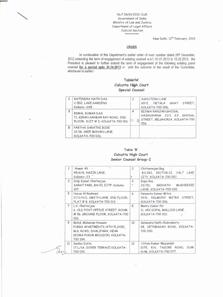 Calcutta high court's lawyer list Kolkata Justice