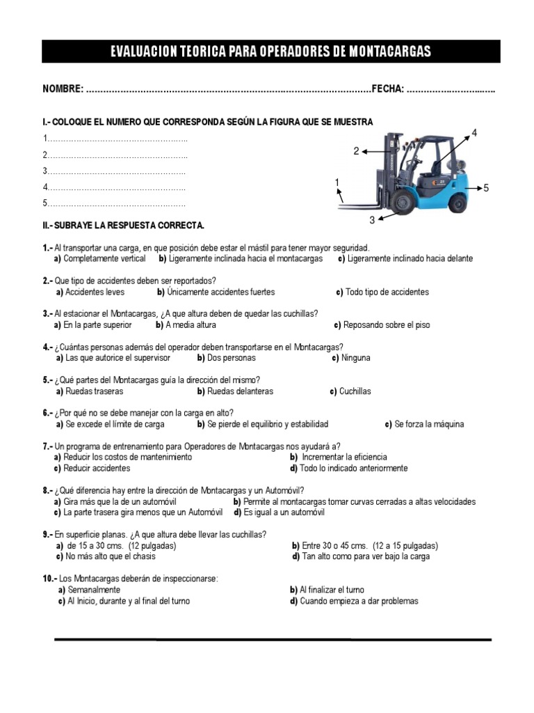 Examen de Montacargas | Carretilla elevadora | Automóvil