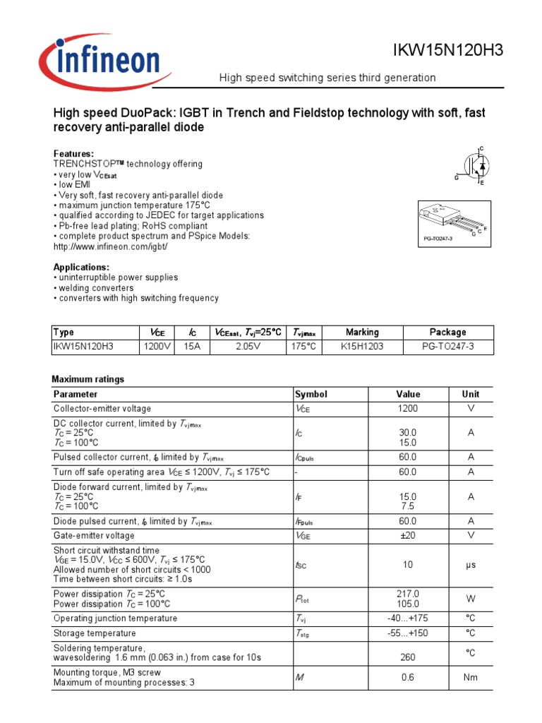 IKW15N120H3 Data Sheets Field Effect Transistor Diode
