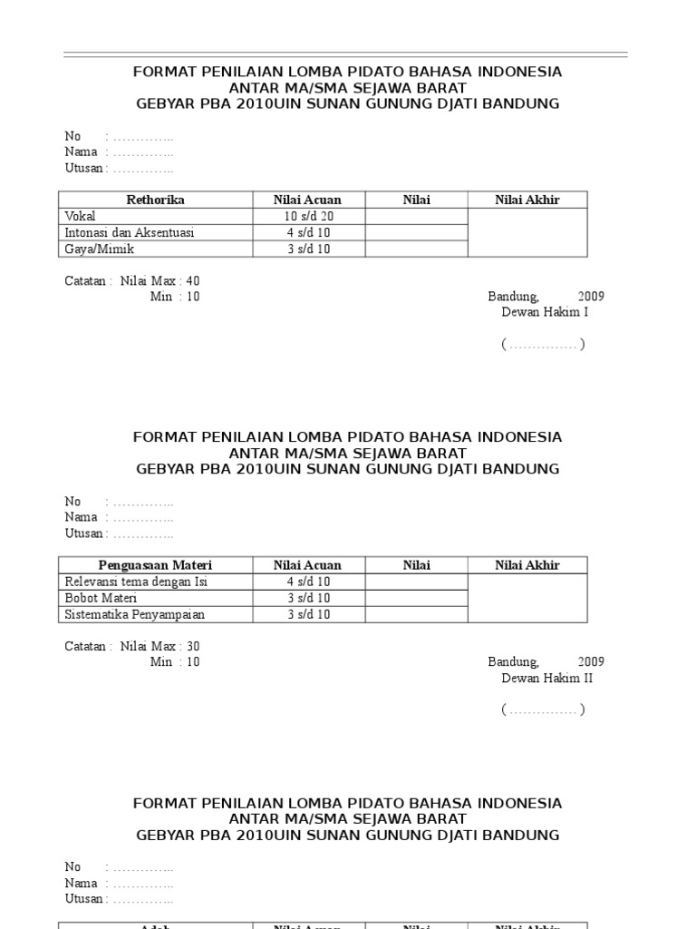 Format Penilaian Lomba Pidato Antar SD PDF