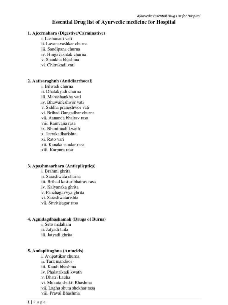 Ayurvedic Essential Drug List for Hospitals | PDF