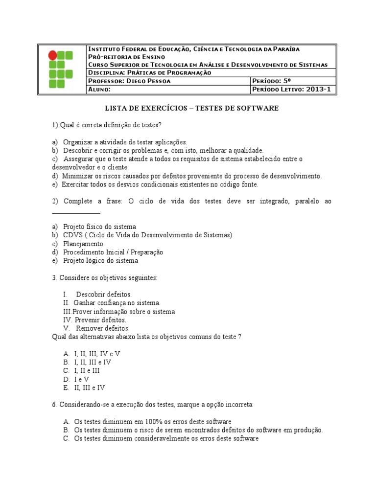 Exercícios sobre Testes de Software | PDF | Teste de unidade | Usabilidade
