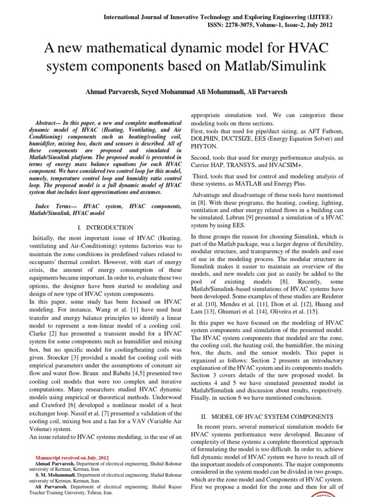 A New Mathematical Dynamic Model For HVAC System Components Based On