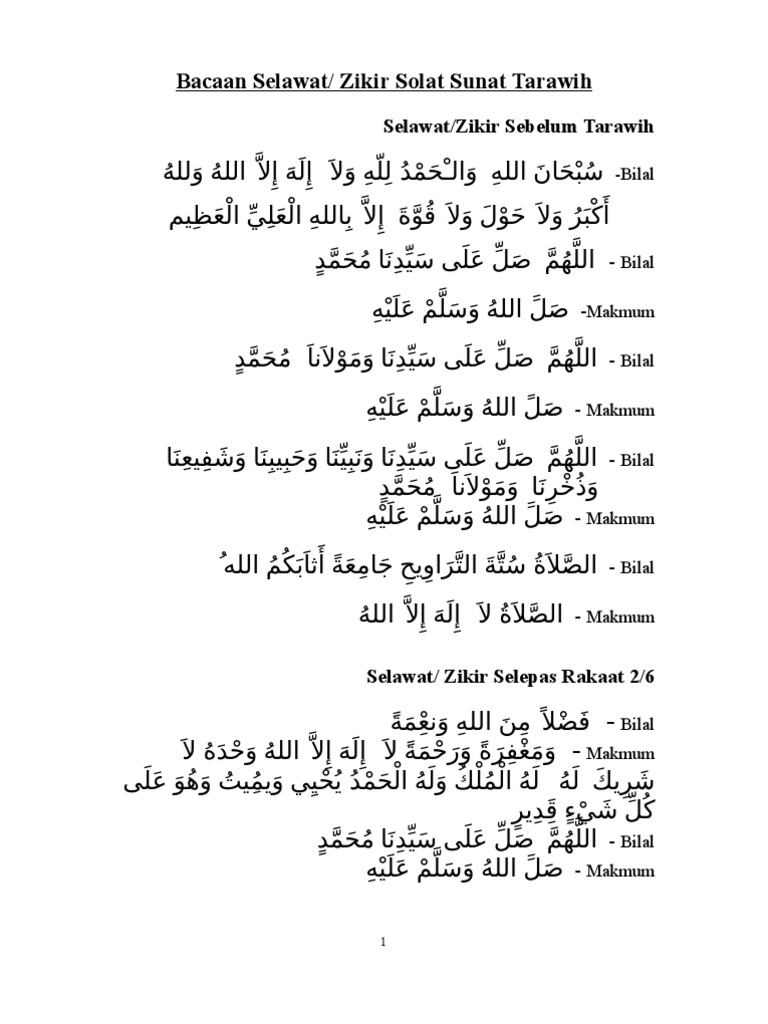 Bacaan Selawat Tarawih Dan Witir